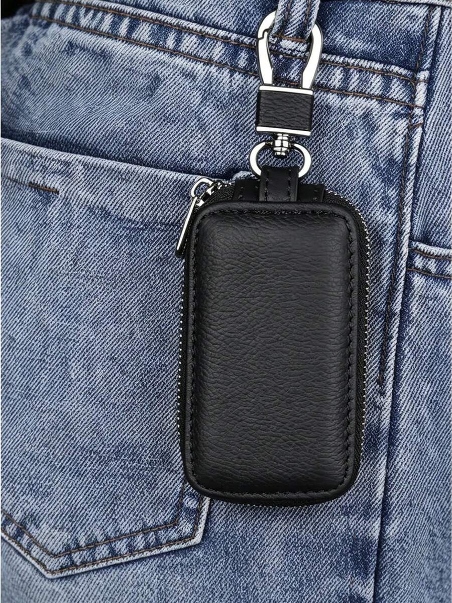 Una funda de cuero para llaves de coche con llavero, con un compartimento con cremallera para guardar las llaves. Compatible con controles remotos de automóviles. Diseño universal adecuado para la mayoría de los modelos de vehículos. Apto para hombres y mujeres. Accesorio de almacenamiento de llaves resistente a los arañazos. - Multicolor - Ver 1