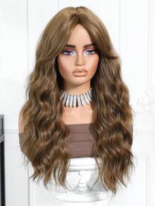 22英寸亚麻棕色中分长波浪卷合成假发，深波浪纤维假发，蓬松亚麻棕色中长卷发假发，中分长款耐热波浪假发，适合女性：外观自然，耐热，适合派对、角色扮演、日常佩戴，也适合派对、音乐节，是理想的母亲节礼物，完美展现派对时尚。 - 巧克力棕 - 查看 5