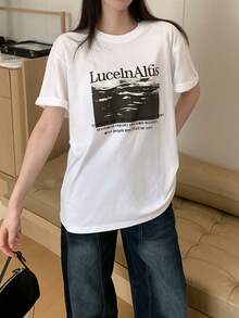 女士休闲短袖T恤，印花设计，春夏度假款，白色 - 白色 - 查看 4