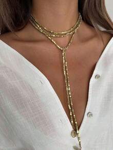 1 Piece Of Luxurious Shiny CZ Beaded Long Necklace, Personalized Disc Tassel Pendant Necklace, Suitable For Women, Ideal For Parties, Gifts, And Everyday Wear (Color And Texture Are Subject To The Actual Product) - 金子 - 查看 7