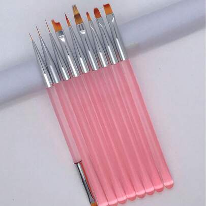 9件套粉/蓝美甲刷套装，包括：美甲刷、眼线刷、双头刷、塑形刷、UV凝胶刷和渐变刷。适合美甲沙龙和家庭使用，易于收纳，非常适合初学者，提供多种DIY选择。