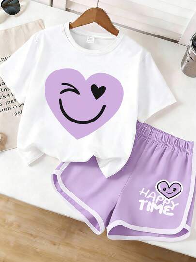 2pcs/Set Tween Girls' Casual Loose Light Purple Heart And Face Graffiti Print T-Shirt Shorts Set, Suitable For Summer, Perfect For Family Outings, Outdoor Activities, Set For Children