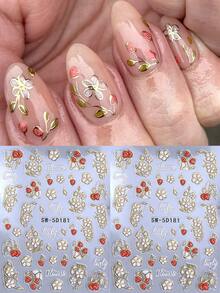 SWEET TREND 5D金属花卉水果浮雕美甲贴纸2片装，奢华金线白雏菊红草莓春夏花卉印花水果DIY全息优雅烫印雕刻自粘沙龙贴纸滑动美甲装饰，适合女性和女孩美甲设计 - 彩色 - 查看 2