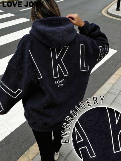 LOVE JOYY Women Navy Blue Fleece Hoodie, Embroidered Letter, Casual Comfortable Loose Pullover, Suitable For Autumn/Winter Daily Wear