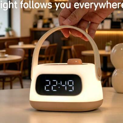 Reloj despertador de mano lindo, luz nocturna con carga USB, lámpara LED portátil de mesita de noche con pantalla digital, luz nocturna suave de silicona amigable con los ojos para habitación de niños, guardería, dormitorio, perfecto para decoración del hogar, camping, viaje