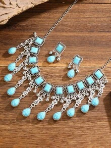 Exotic Luxury Water Drop Tassel Crystal Necklace, Vintage Bohemian Jewelry Set - Water Droplet Tassel - View 10