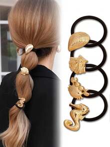 4 piezas de Scrunchies de metal con tema oceánico, no dañinos, adecuados para mujeres y niñas, diseño de aleación dorada con patrones de concha marina, cangrejo y caballito de mar, elegantes sujetadores de coleta, bandas elásticas para el cabello, cuerda para el cabello, festival, fiesta - Multicolor - Ver 9