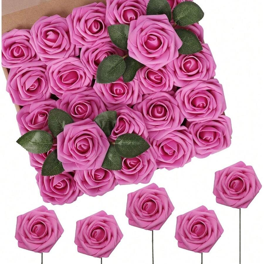 Artificial Flowers 50pcs Real Looking Hot Pink Foam Fake Roses With Stems For DIY Wedding Bouquets White Bridal Shower Centerpieces Arrangements Party Holiday Home Tables Decorations - 50 bông hoa hồng - Xem 1