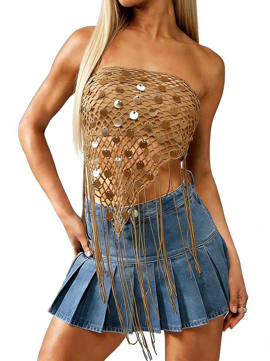 Top de tubo sin tirantes con lentejuelas y borlas para mujer, estilo boho, ideal para fiestas, clubes nocturnos y festivales. - Caqui - Ver 1