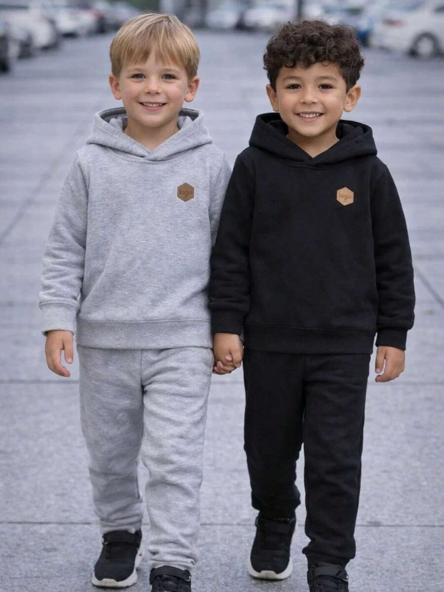Boys' Thick Fleece Tracksuit Set (Ages 1-10) | Basic Fleece Jacket And Pants - 1 Black + 1 Gray - View 1