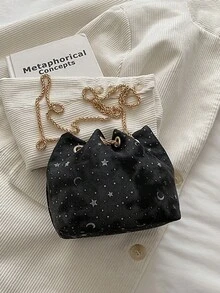 1件装度假风大童夏季零钱包斜挎包水桶包链条包，轻便易携，星月亮片图案，肩带闭合，适合夏季海边度假、旅行，是女孩、青少年、初中生、大童、闺蜜、同学海滩旅行的必备单品，夏季必备 - 8908# - 查看 5