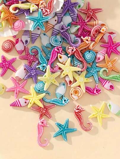 30/60g Nguyên liệu làm trang sức DIY theo chủ đề đại dương nhiều màu sắc, kiểu dáng ngẫu nhiên, bao gồm cá ngựa, sao biển và ốc sên, dùng để làm vòng cổ, vòng tay, bông tai, v.v., phù hợp cho các bộ trang sức, kích thước khoảng 5~25mm.