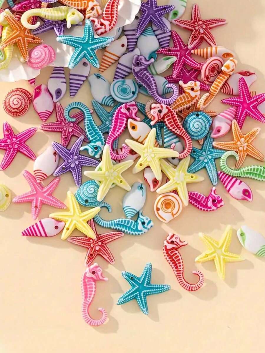 30/60克随机款式个性化DIY彩色海洋系列饰品制作材料，包含海马、海星和海螺等，可用于制作项链、手链、耳环等，适合制作饰品套装，尺寸约为5~25毫米 - 海洋生物 - 查看 1