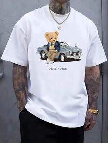 Camiseta de Hombre Talla Grande 100% Algodón con Lindo Patrón de Oso de Peluche y Coche, Diseño Clásico de Club, Camiseta Casual Cómoda de Manga Corta en Verano, TALLA GRANDE - Negro - Ver 9