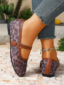 Sapatilhas Mary Jane de malha com estampa de leopardo, bico redondo com fivela marrom, estilo retrô chique para o dia a dia, confortáveis e versáteis para encontros e para mulheres. - marrom rosado - Ver 4