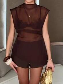 Womens Sheer Organza Halter Tank Tops Summer High Neck Sleeveless Mesh Vest White Alluring See Through Going Out Tops For Women  Party Clubwear - màu nâu - Xem 3