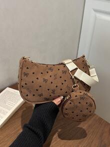 2pcs Sakura Pattern Crossbody Bag Set, Including Mini Geometric Square Bag With Wallet And Classic Women Shoulder Bag With Hanging Wallet - Brown - View 6