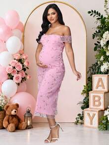 JustVH Robe de maternité à épaules ouvertes, en maille florale avec torsade à l'avant, sans manches, rose. Convient pour la baby shower, le mariage, les vacances de printemps/été - Rose bonbon - Voir 6