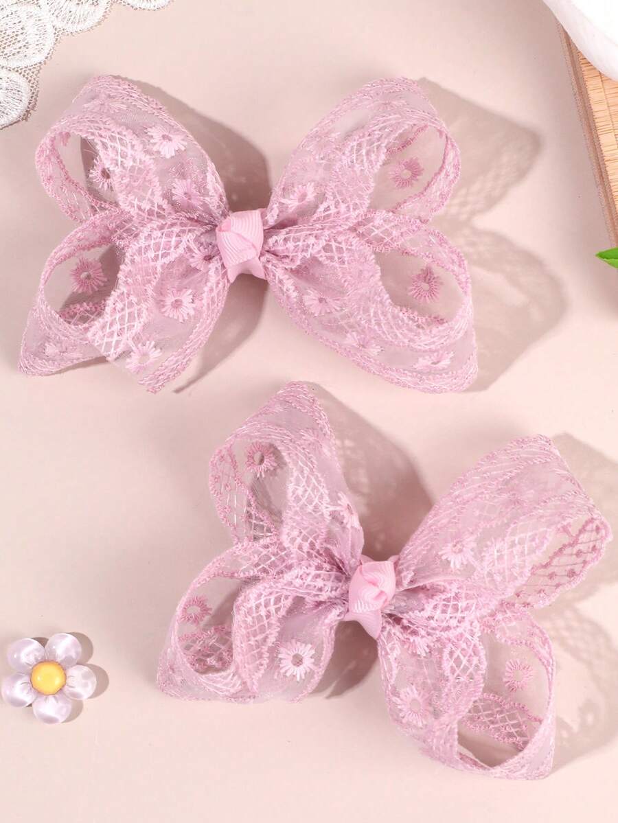 2pcs Pink Floral Embroidered Lace Hair Clips, Delicate Daisy Flower Embroidered Hair Clips, Sweet Forest Style Hair Accessories, Suitable For Girls And Teenagers For Daily Life, Spring Outing, Visiting Botanical Garden, Taking Nature-Themed Photos In Spring And Summer - Pink - View 1