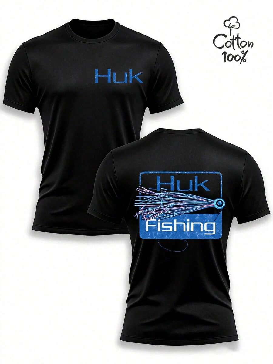 Huk Fishing Lure Short Sleeve T‑Shirt Collection, 6‑Style All‑Match Tees Featuring Classic Texas Rig, Jig, Spinner, Crank Fishing Bait Patterns, Vintage Distressed Blue Square Prints, Matching Front Chest Huk Logo And Sleeve Printing, Black Loose‑Fit Crew Neck Design Made Of Soft Breathable Fabric. Ideal For Fishing Enthusiasts, Outdoor Lovers And Casual Wearers, Perfect For Fishing Trips, Camping Activities, Weekend Getaways And Daily Leisure Outfits. This Series Combines Practical Outdoor Performance With Eye‑Catching Fishing‑Themed Elements, Offering Diverse Styles To Meet The Personalized Dressing Needs Of Anglers And Outdoor Lovers. - 黑色 - 查看 1