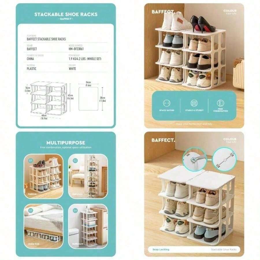 Narrow Shoe Rack Stackable, Freely Combinable Shoe Storage Organisers, Plastic Shoe Racks With 8 - Pair Capacity Wardrobes, Cabinets, Entryways White - Initial - View 1