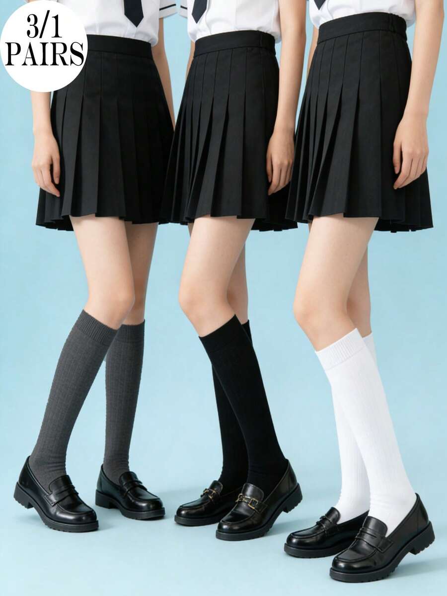 3/1 Đôi tất cao đến đầu gối dệt kim mềm mại, thanh lịch, thường ngày, kiểu dáng học sinh dành cho nữ - Nhiều màu - Xem 1