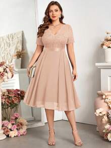 Đầm chữ A dáng xòe bằng chiffon in họa tiết ren, cổ chữ V, thích hợp cho sinh nhật, lễ tốt nghiệp, tựu trường và các dịp khác. - Rượu sâm banh - Xem 7
