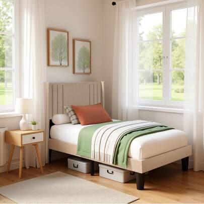 Bealife Polsterbett, Bettgestell mit Kopfteil Lattenrost, Gepolstertes Bettgestell, Stabiler Bettrahmen Stoffbett für Erwachsene & Jugendliche(Größe: 120*200cm oder 90*200cm), Beige