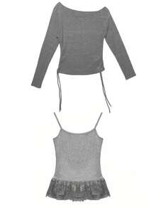 Áo thun dài tay hở vai phối ren ngọt ngào, áo tank top dây rút ôm dáng độc đáo mùa hè, bộ 2 món phong cách thường ngày mùa xuân. - Xám - Xem 2