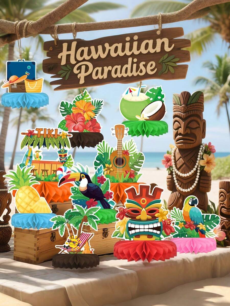 12件蜂巢中心裝飾品,3D紙製熱帶夏威夷Luau鳳梨裝飾,Aloha主題桌飾,包含Luau蜂巢中心裝飾品,適用於派對、Tiki酒吧、圖坦卡門、朱槿花、夏季泳池派對、室內花園、咖啡桌裝飾 - 夏威夷 - 查看 1