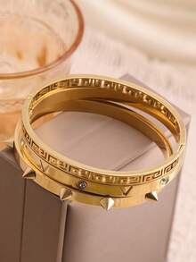 Bộ 3 vòng tay đinh tán mạ vàng sang trọng, 4 vòng tay đính pha lê có thể xếp chồng lên nhau, quà tặng trang sức thời trang dành cho nữ. - Vàng - Xem 8