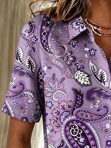Plus Size Women Retro Cashew Flower Print Short Sleeve Button-Up Shirt Vacation Summer - Purple - View 4