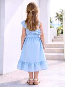 Young Girl Light Blue Asymmetric Ruffle Trim Dress With Waist Tie Bow, Irregular Ruffle Patchwork Flared Skirt, Birthday Party Dress - Baby Blue - View 5
