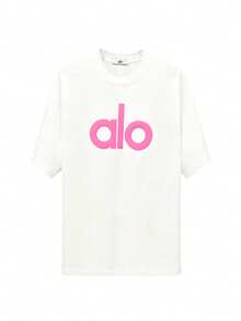 Alo Yoga White Short-Sleeve T-Shirt With Pink Label Front And Back - American Heavyweight Pure Cotton Loose Fit Unisex Couple Style Casual Sports Top - Xem 6