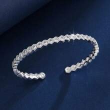 1pc Fashionable Hexagon Fully Paved Zirconia Silver Plated Open Bangle Bracelet, Versatile For Daily Wear & Stacking - Bracelet - View 7