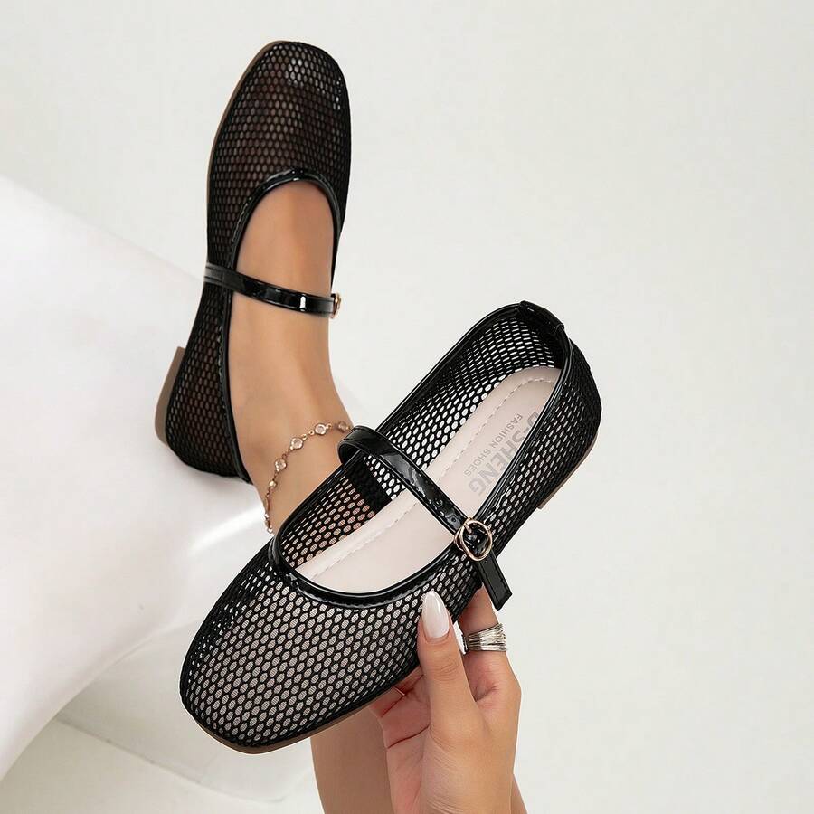 Giày búp bê nữ, màu đen cơ bản, kiểu dáng thường ngày, thoáng khí, mũi tròn, kiểu Mary Jane, thích hợp cho hoạt động ngoài trời mùa hè. - màu đen - Xem 1