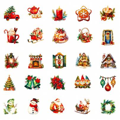 50 Hình dán chủ đề Giáng sinh, Hình dán chống thấm nước cho tiệc Giáng sinh, Vật liệu làm sổ lưu niệm, Vật dụng yêu thích cho các bữa tiệc Giáng sinh. Đồ trang trí quà tặng tiệc: Hình dán cốc chống thấm nước, máy tính và hình dán graffiti.