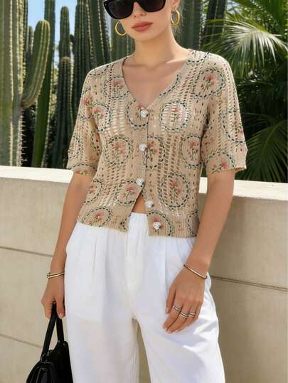 ADFHP Tops de verano para mujer, cárdigan de punto con estampado floral romántico francés y diseño calado, de estilo retro ligero y transpirable, adecuado para salidas y ropa de playa