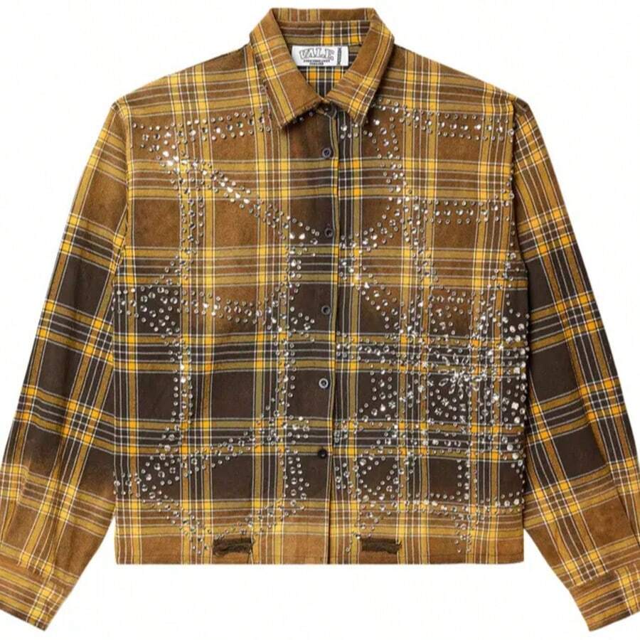 2026 European American Hot Full Rhinestone Crystal Plaid Long Sleeve Shirt, INS Hip Hop Streetwear Unisex Shirt - gừng - Xem 1