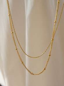 2pcs Stainless Steel Necklace For Women Dainty Gold Double Chain Necklace Minimalist Layered Style Bead Necklace Elegance Thin Chain For Gifts - Necklace - View 3