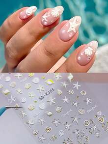 2pcs White Shell Summer Nail Stickers, 5D Embossed Ocean Theme With Gold Metal Beads, Shell, Starfish, Suitable For Beach Vacation, Wedding/Party Nail Art DIY, Holiday Gift - Multicolor - View 6