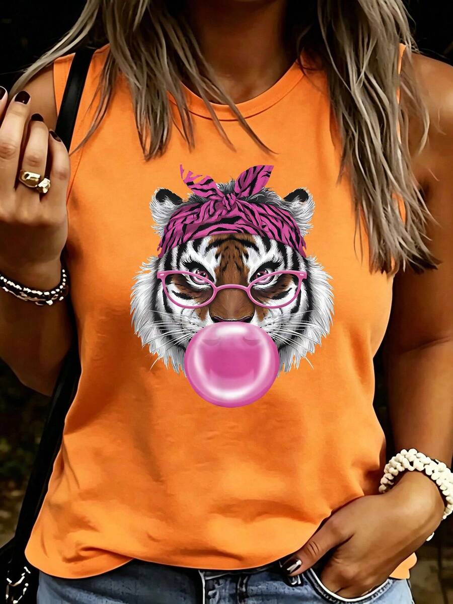Women'S Plus Size Tiger Female Wild Animal Cute Tiger Pink Glasses Bubble Gum Print Casual Tank Top, Breathable Sleeveless Vest, Summer Vacation & Workout Gym Cami, Machine Washable Round Neck Vest Shirt - 珊瑚橙 - 查看 1