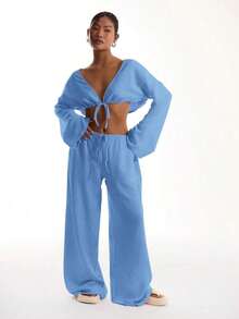 Pantalones de playa con efecto de lino con nudo delantero, elegantes para vacaciones de verano, casuales y bohemios, blancos, para aeropuerto y playa, para primavera y vacaciones - Azul - Ver 3