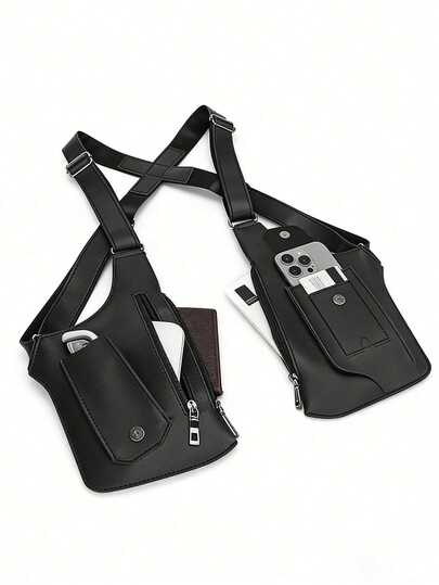 Bolsa de pecho de PU de unicolor para hombres, bolsa de pecho con múltiples bolsillos de gran capacidad con cremallera, diseño de moda minimalista para uso en exteriores