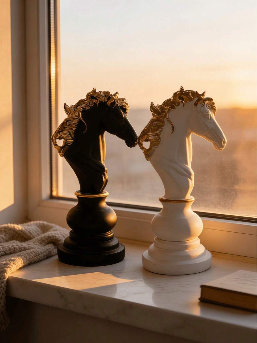 1件大型国际象棋骑士马形装饰摆件,现代奢华黑白金雕塑摆件,适用于客厅、办公室、书房家居装饰。 - 騎士 - 查看 1