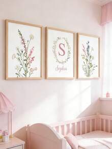 3 件套个性化姓名定制墙面艺术野花帆布海报粉色花卉挂画青少年房间装饰女孩卧室墙面装饰幼儿园装饰海报生日圣诞节礼物无框，适合乔迁新居、旅行收纳等场合 - 粉色 - 查看 23