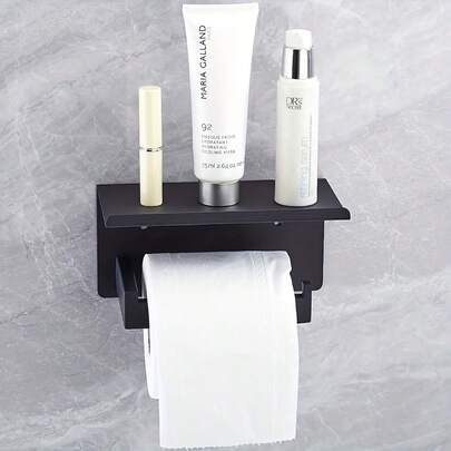 1 Giá đựng giấy vệ sinh treo tường bằng thép không gỉ màu đen có kệ - Vật dụng đa năng dùng trong phòng tắm để đựng khăn giấy, điện thoại thông minh và cây cảnh.