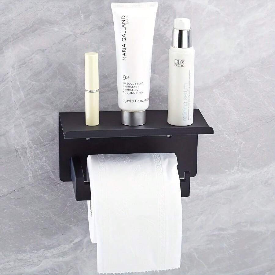 1 Giá đựng giấy vệ sinh treo tường bằng thép không gỉ màu đen có kệ - Vật dụng đa năng dùng trong phòng tắm để đựng khăn giấy, điện thoại thông minh và cây cảnh. - màu đen - Xem 1