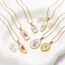 不锈钢镀金珐琅花卉吊坠项链，防水复古花朵饰品，低过敏性植物首饰，女士款 - 金色 - 查看 9