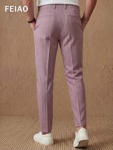 FEIAO Men's Retro Vintage Coin Style Classic Fine Striped Straight Leg Pants, Regular Fit Casual Everyday Wear, Suitable For All Seasons - Dusty Pink - View 2